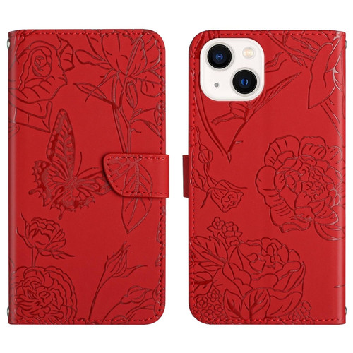 iPhone 14 Skin Feel Butterfly Peony Embossed Leather Phone Case  - Red