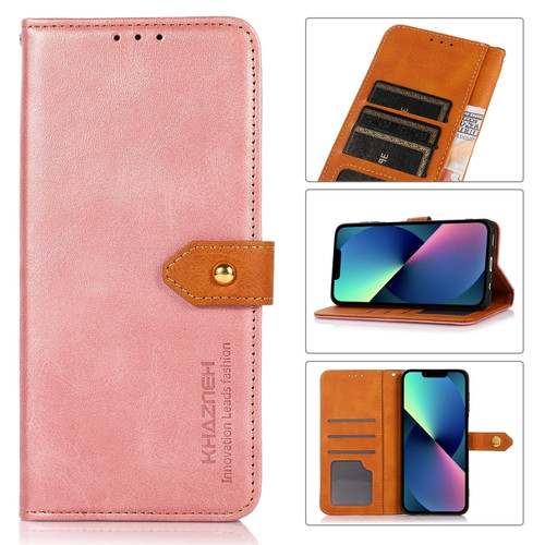 iPhone 14 KHAZNEH Dual-color Cowhide Texture Flip Leather Phone Case  - Rose Gold