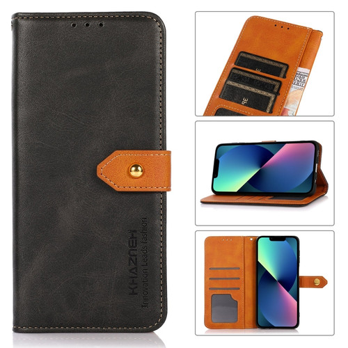 iPhone 14 KHAZNEH Dual-color Cowhide Texture Flip Leather Phone Case  - Black