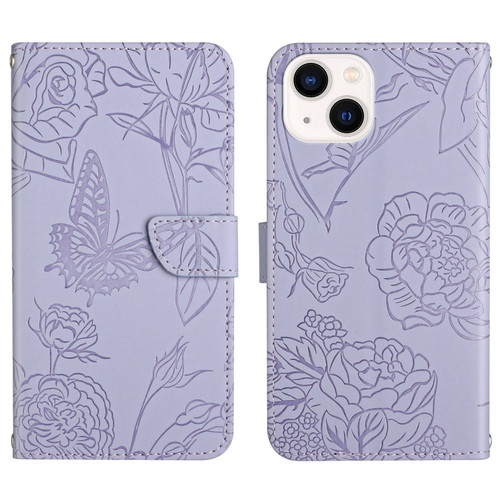 iPhone 14 Skin Feel Butterfly Peony Embossed Leather Phone Case  - Purple