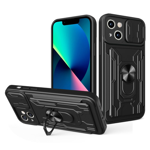 iPhone 14 Sliding Camshield TPU+PC Phone Case with Card Slot  - Black