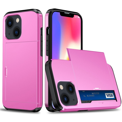 iPhone 14 Shockproof Armor Protective Phone Case with Slide Card Slot  - Pink