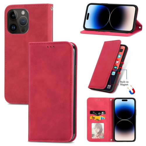 iPhone 14 Pro Max Retro Skin Feel Magnetic Flip Leather Phone Case - Red