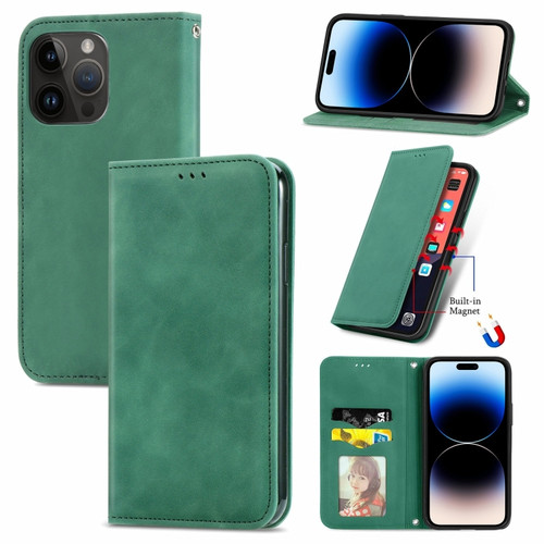 iPhone 14 Pro Max Retro Skin Feel Magnetic Flip Leather Phone Case - Green