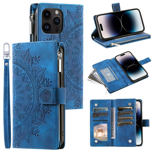 iPhone 14 Pro Max Multi-Card Totem Zipper Leather Phone Case - Blue