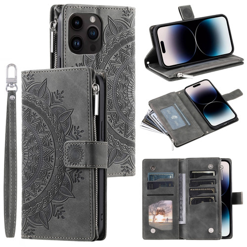 iPhone 14 Pro Max Multi-Card Totem Zipper Leather Phone Case - Grey