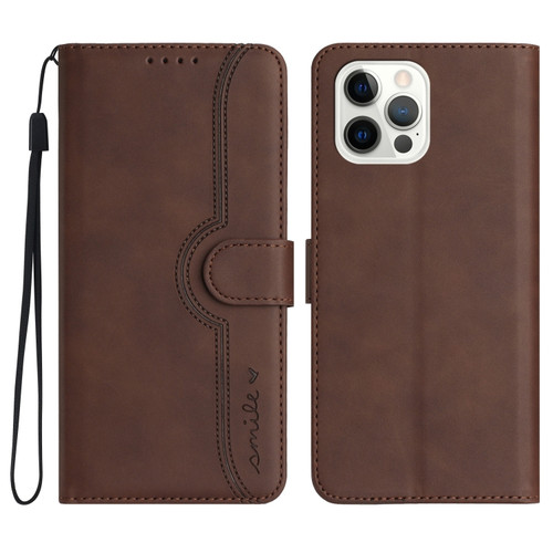 iPhone 14 Pro Max Heart Pattern Skin Feel Leather Phone Case - Brown