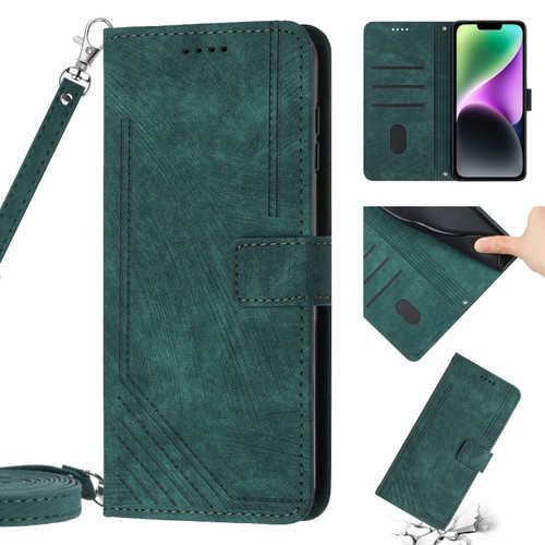 iPhone 14 Pro Max Skin Feel Stripe Pattern Leather Phone Case with Lanyard - Green