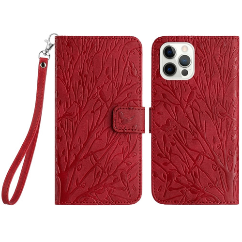 iPhone 14 Pro Max Tree Birds Embossed Pattern Leather Phone Case - Red