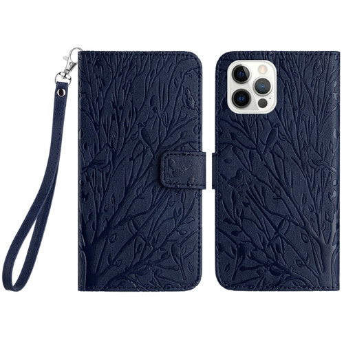 iPhone 14 Pro Max Tree Birds Embossed Pattern Leather Phone Case - Blue