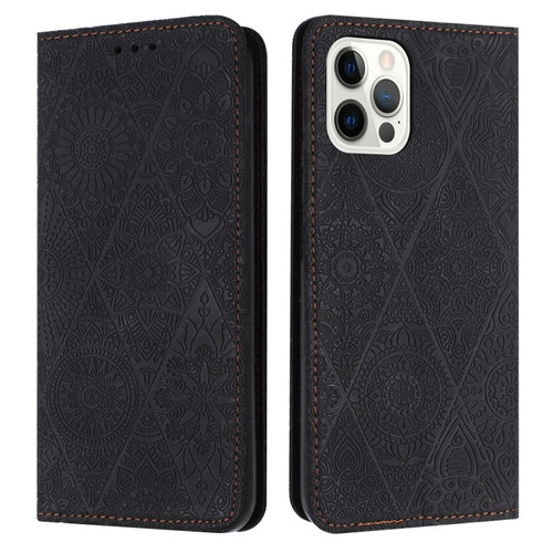 iPhone 14 Pro Max Ethnic Embossed Adsorption Leather Phone Case - Black