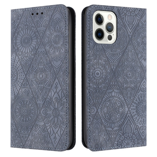 iPhone 14 Pro Max Ethnic Embossed Adsorption Leather Phone Case - Grey