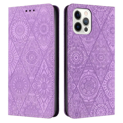 iPhone 14 Pro Max Ethnic Embossed Adsorption Leather Phone Case - Purple