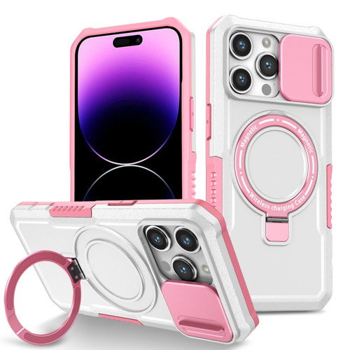 iPhone 14 Pro Max Sliding Camshield Magsafe Holder TPU Hybrid PC Phone Case - Pink White