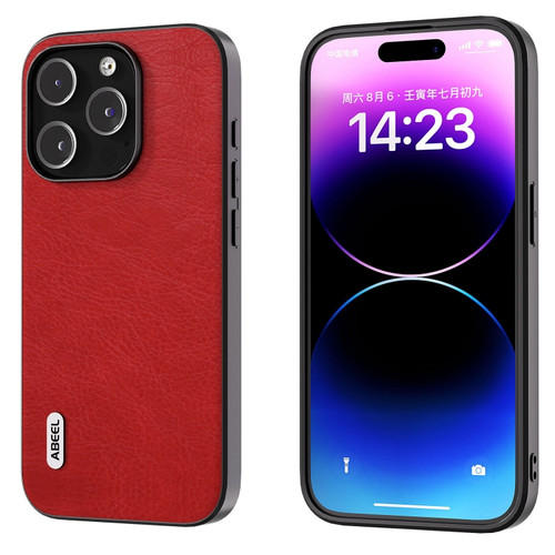 iPhone 14 Pro Max ABEEL Retro Litchi Texture PU Phone Case - Red