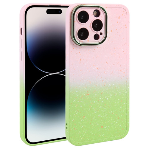 iPhone 14 Pro Max Gradient Starry Silicone Phone Case with Lens Film - Pink Green