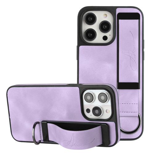 iPhone 14 Pro Max Wristband Holder Leather Back Phone Case - Purple