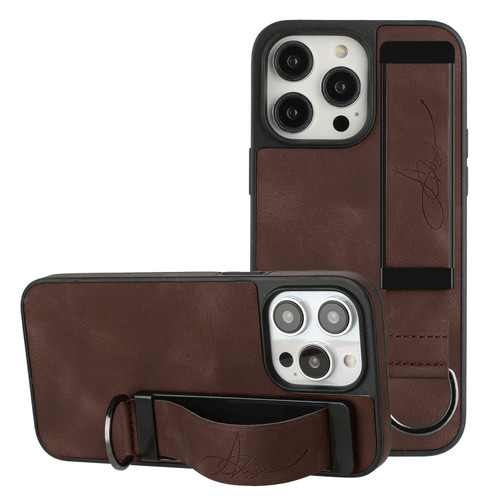 iPhone 14 Pro Max Wristband Holder Leather Back Phone Case - Coffee