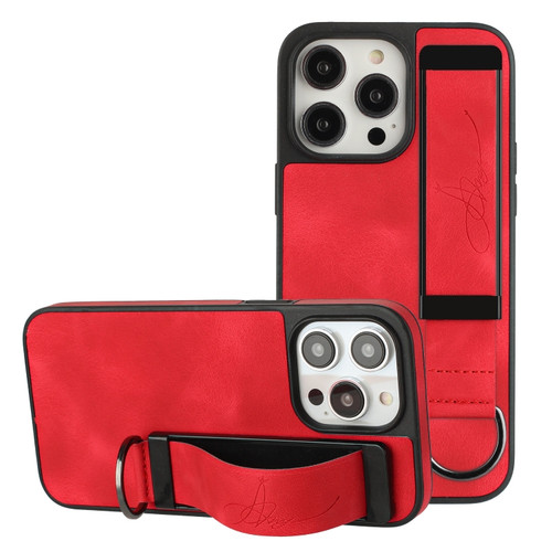 iPhone 14 Pro Max Wristband Holder Leather Back Phone Case - Red