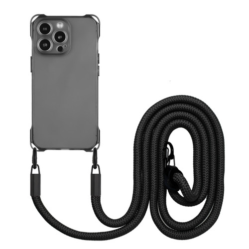 iPhone 14 Pro Max Four-corner Shockproof TPU Phone Case with Lanyard - Black