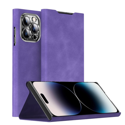 iPhone 14 Pro Max Magnetic Napa Texture Leather Phone Case with Holder - Purple