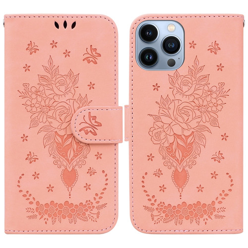 iPhone 14 Pro Max Butterfly Rose Embossed Leather Phone Case - Pink