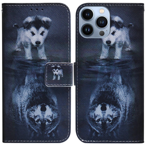 iPhone 14 Pro Max Coloured Drawing Flip Leather Phone Case - Wolf and Dog