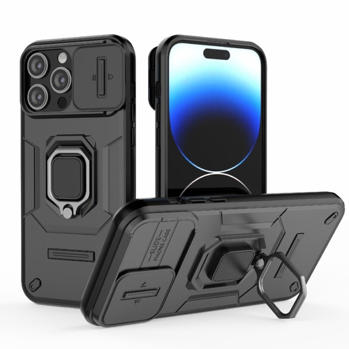 iPhone 14 Pro Max Sliding Camshield TPU + PC Shockproof Phone Case with Holder - Black