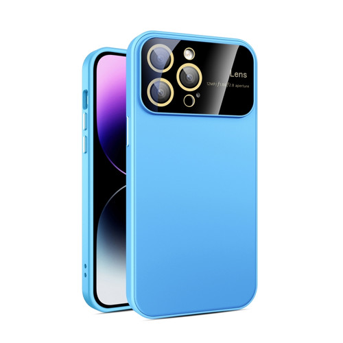 iPhone 14 Pro Max Large Glass Window PC Phone Case with Integrated Lens Film - Sky Blue