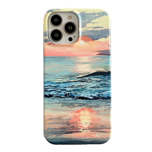 iPhone 14 Pro Max 2 in 1 Detachable Oil Painting Sea Pattern Phone Case - Yellow Pink