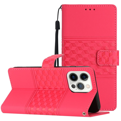 iPhone 14 Pro Max Diamond Embossed Skin Feel Leather Phone Case with Lanyard - Red