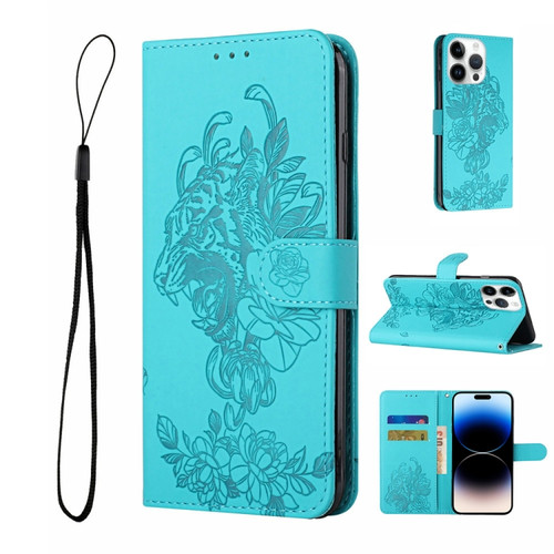 iPhone 14 Pro Max Tiger Flower Embossing Leather Phone Case  - Baby Blue