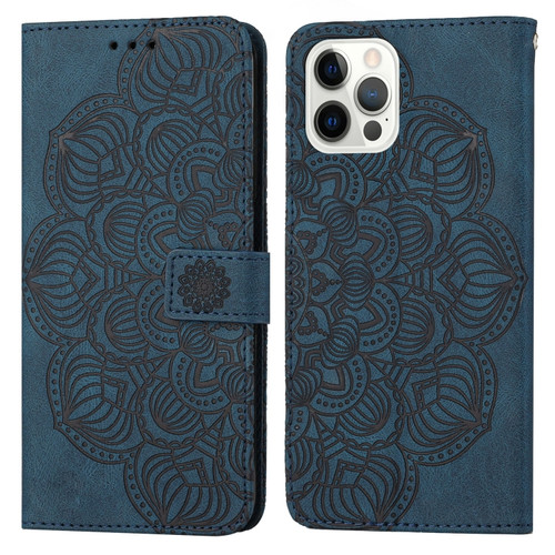 iPhone 14 Pro Max Mandala Embossed Flip Leather Phone Case  - Blue