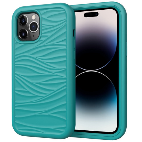 iPhone 14 Pro Max Wave Pattern 3 in 1 Silicone + PC Shockproof Phone Case  - Dark Sea Green