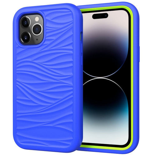 iPhone 14 Pro Max Wave Pattern 3 in 1 Silicone + PC Shockproof Phone Case  - Blue+Olivine