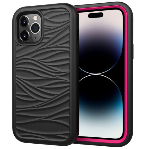 iPhone 14 Pro Max Wave Pattern 3 in 1 Silicone + PC Shockproof Phone Case  - Black+Hot Pink