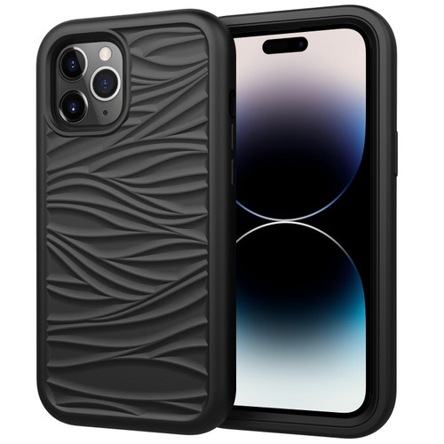 iPhone 14 Pro Max Wave Pattern 3 in 1 Silicone + PC Shockproof Phone Case  - Black