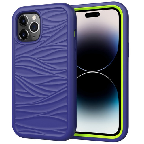 iPhone 14 Pro Max Wave Pattern 3 in 1 Silicone + PC Shockproof Phone Case  - Navy+Olivine