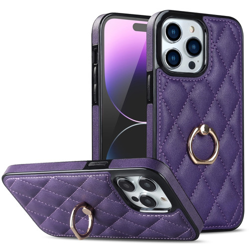 iPhone 14 Pro Max Rhombic PU Leather Phone Case with Ring Holder - Purple