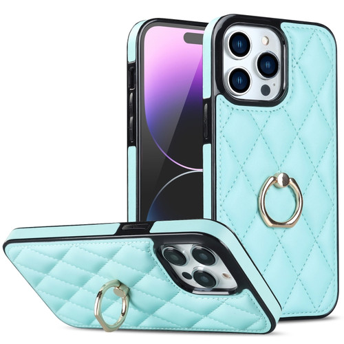 iPhone 14 Pro Max Rhombic PU Leather Phone Case with Ring Holder - Blue
