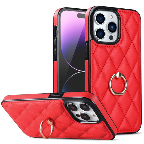 iPhone 14 Pro Max Rhombic PU Leather Phone Case with Ring Holder - Red