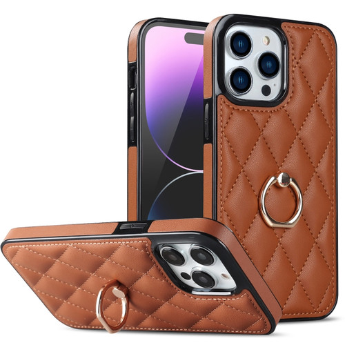 iPhone 14 Pro Max Rhombic PU Leather Phone Case with Ring Holder - Brown