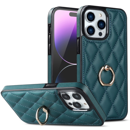 iPhone 14 Pro Max Rhombic PU Leather Phone Case with Ring Holder - Green