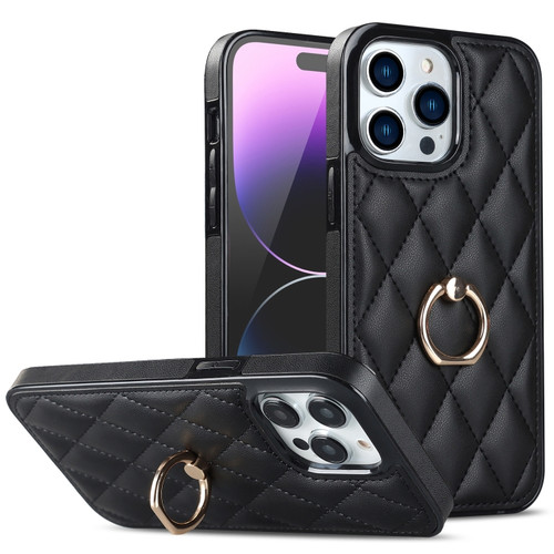 iPhone 14 Pro Max Rhombic PU Leather Phone Case with Ring Holder - Black