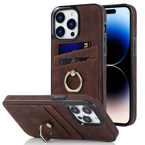 iPhone 14 Pro Max Vintage Patch Leather Phone Case with Ring Holder  - Brown