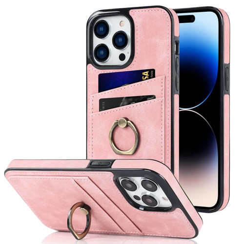 iPhone 14 Pro Max Vintage Patch Leather Phone Case with Ring Holder  - Pink