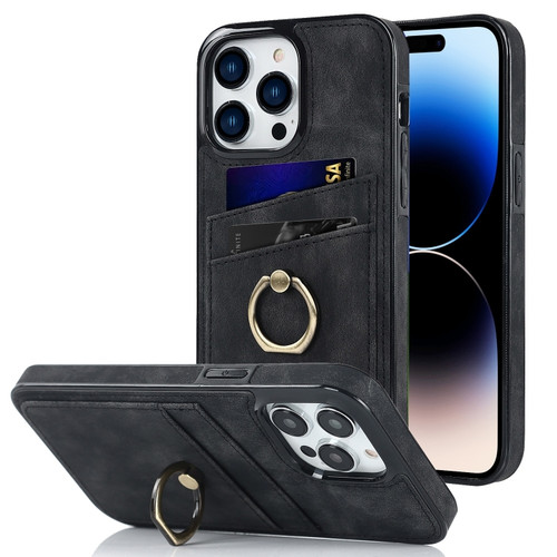 iPhone 14 Pro Max Vintage Patch Leather Phone Case with Ring Holder  - Black