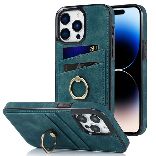 iPhone 14 Pro Max Vintage Patch Leather Phone Case with Ring Holder  - Blue