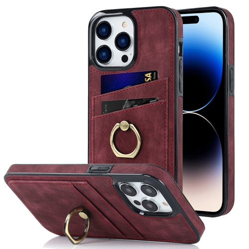 iPhone 14 Pro Max Vintage Patch Leather Phone Case with Ring Holder  - Red