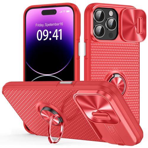 iPhone 14 Pro Max Sliding Camshield Armor Phone Case with Ring Holder - Red